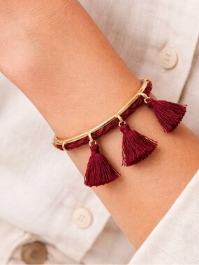 Madewell Gold Cuff Bracelet w/ Burgundy Tassels | Boho Chic | 6.25”